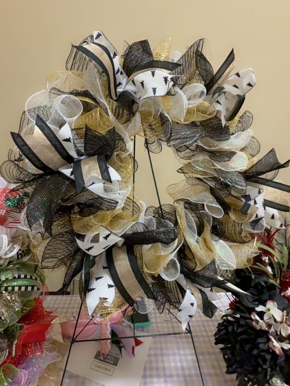 Handmade Holiday Wreath in Black, Gold & White